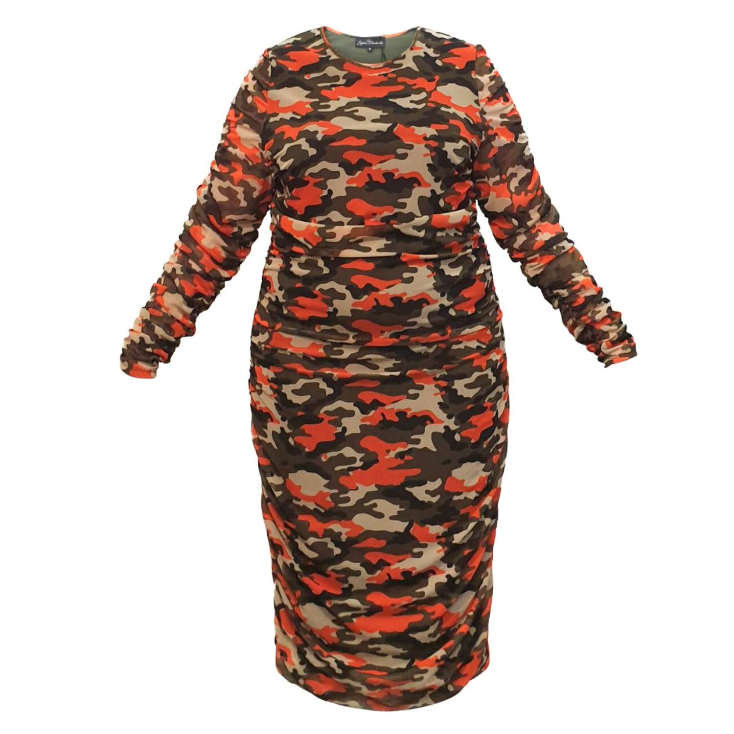 Women's Plus Size Orange Green Grey Camouflage Bodycon Midi Dress displayed as a cutout on an invisible mannequin.