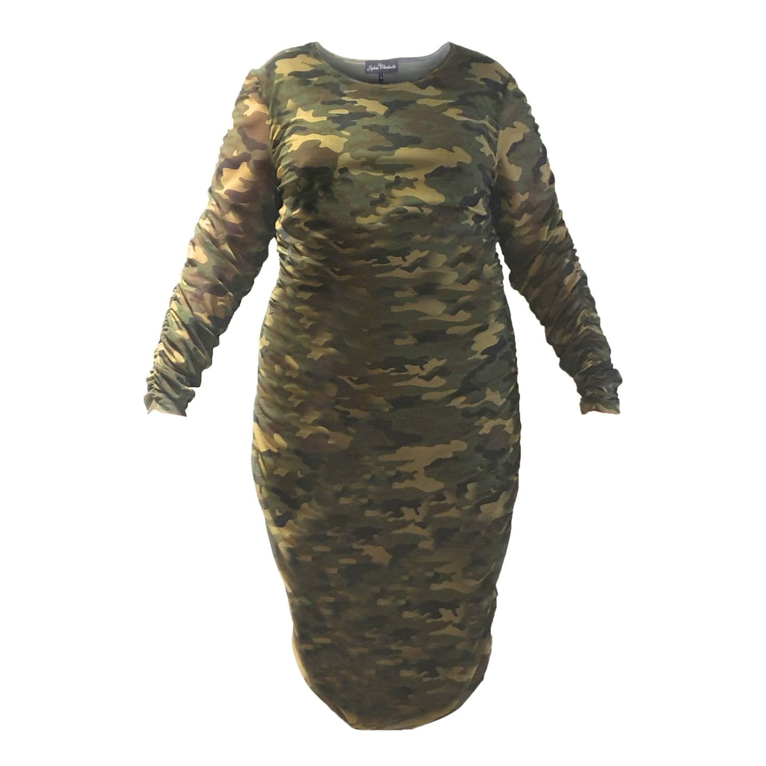 Womens Plus Size Olive Green Camouflage Bodycon Midi Dress as a cut out on an invisble mannequin