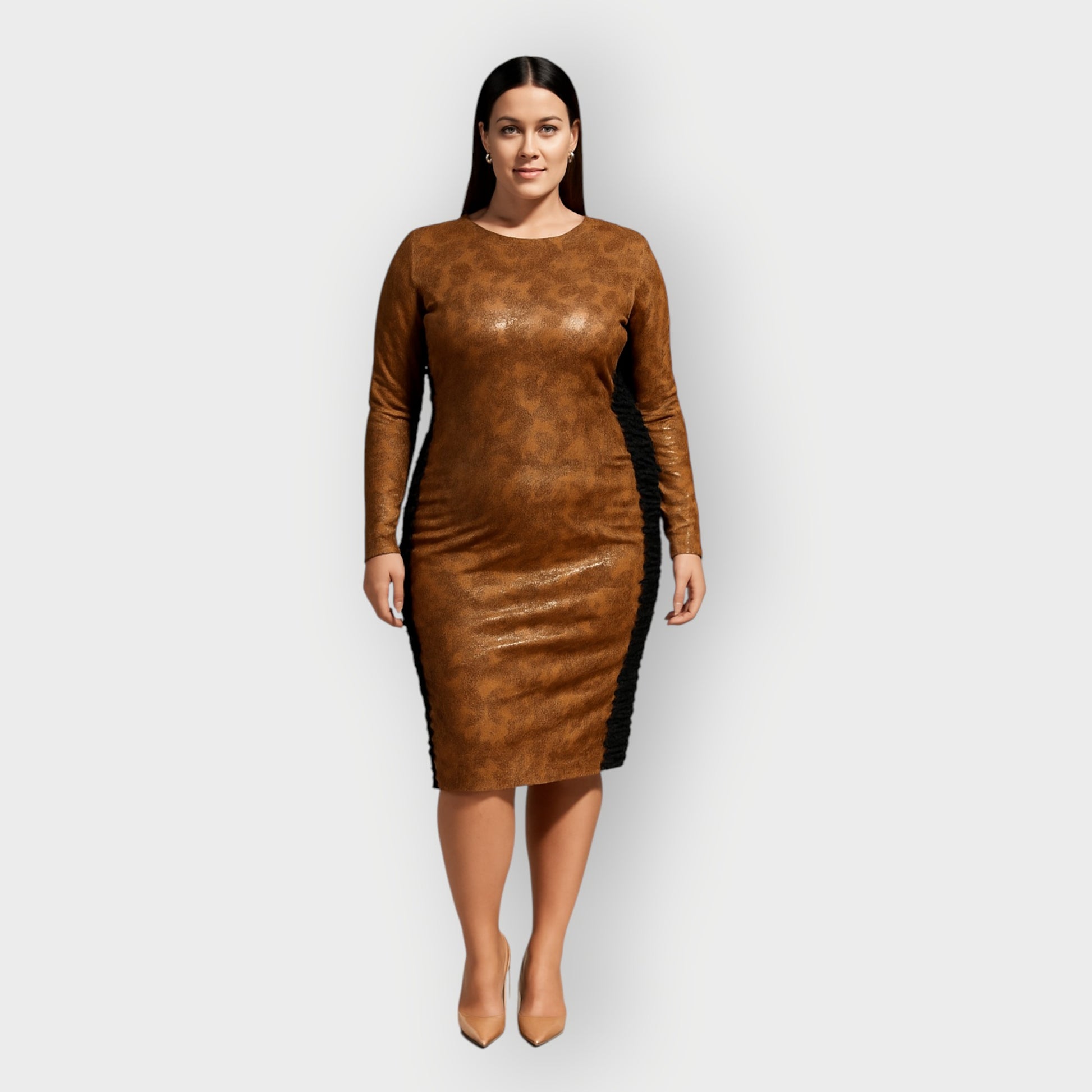 Women's Plus Size Black Brown Chocolate snakeskin Animal Print Bodycon Midi Vegan Leather Dress. White Background.