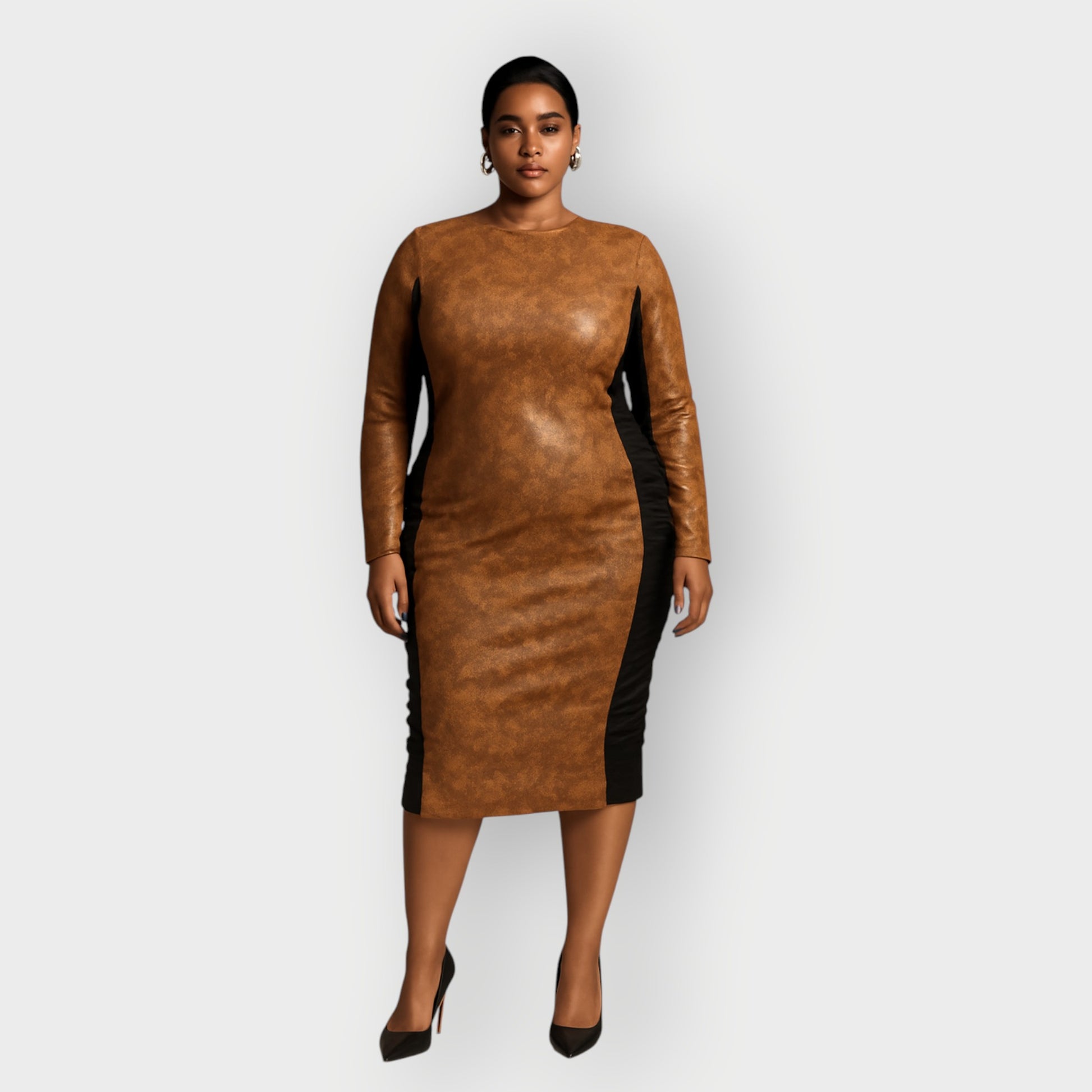 Women's Plus Size Black Brown Chocolate snakeskin Animal Print Bodycon Midi Vegan Leather Dress. White Background.