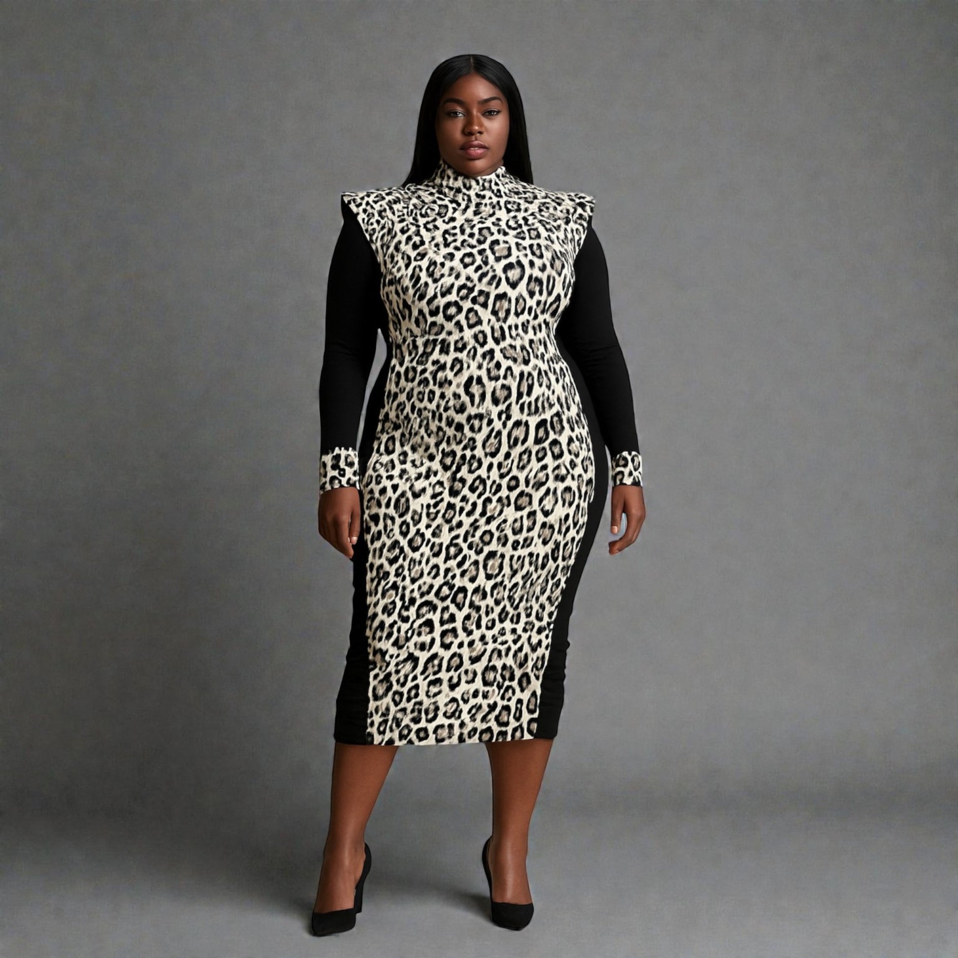 Woman wearing a black white leopard print dress with black sleeves on a grey background