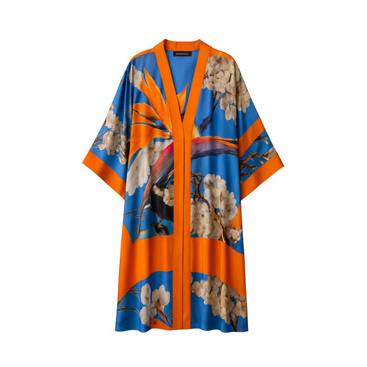 Women's Bird of Paradise Cherry Blossom Plus Size and Mid Size Silk Kimono displayed in a cutout image, highlighting its vibrant design and details.