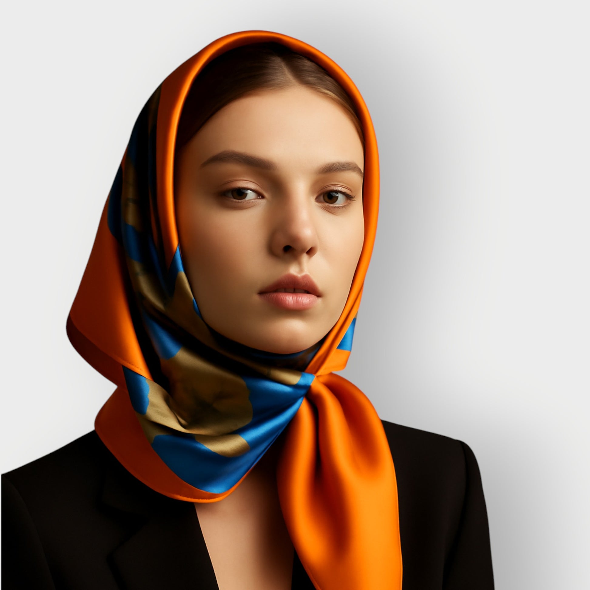Silk scarf with Orange Bird of Paradise and White Blue Cherry Blossom print, styled around model's head.White Background.