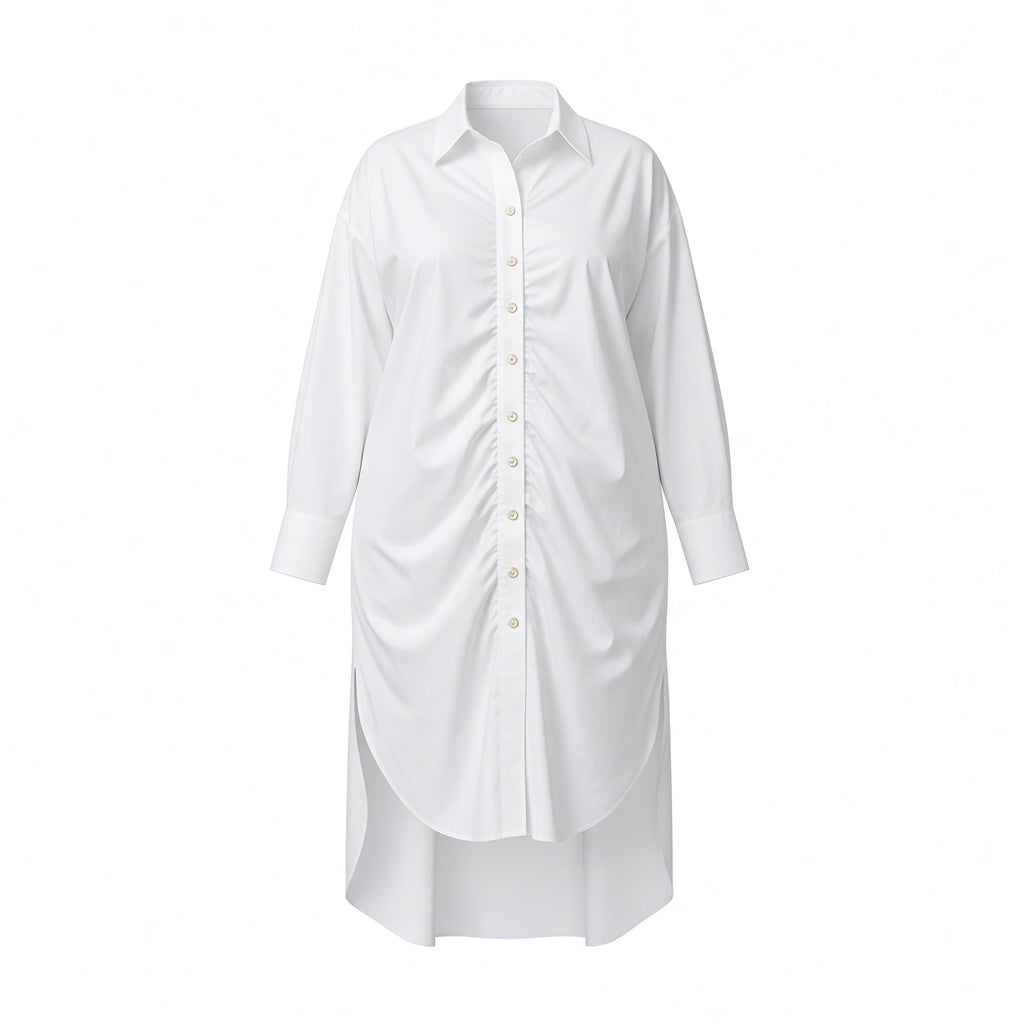 Plus Size White Ruched Longline Cotton Poplin Shirt Dress