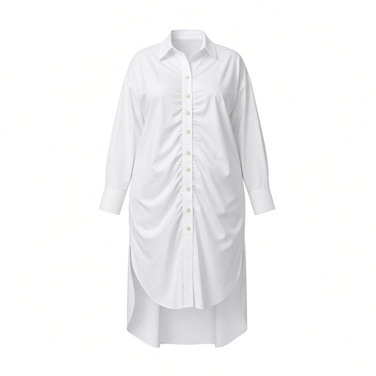 Plus Size White Ruched Longline Cotton Poplin Shirt Dress