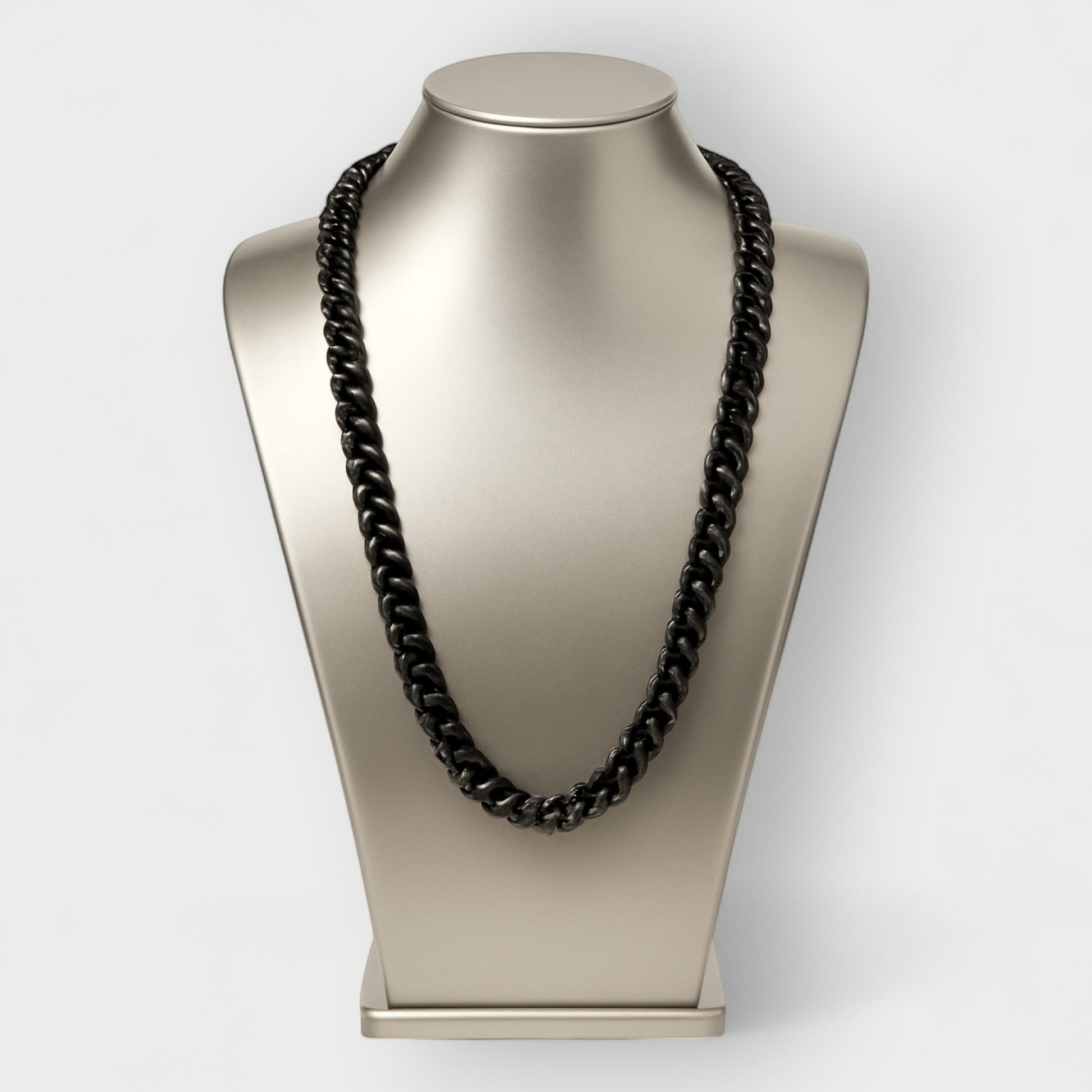 Sylvia Piechulla black aluminium chunky chain necklace, opera length 32 inch, unisex statement piece.