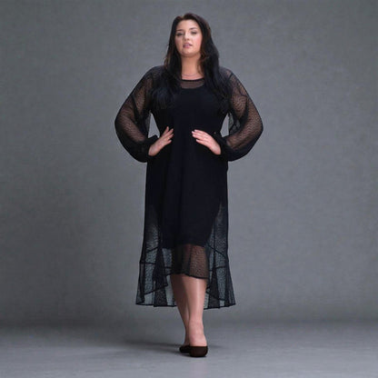 Sylvia Piechulla black midi resort dress with sheer bishop sleeves and flounce hem worn by a model