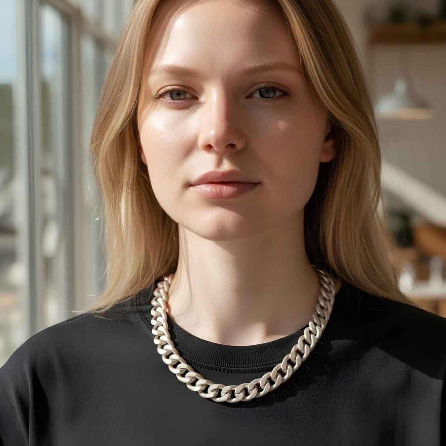 Sylvia Piechulla unisex chunky silver aluminium chain necklace worn by a model in a black top.