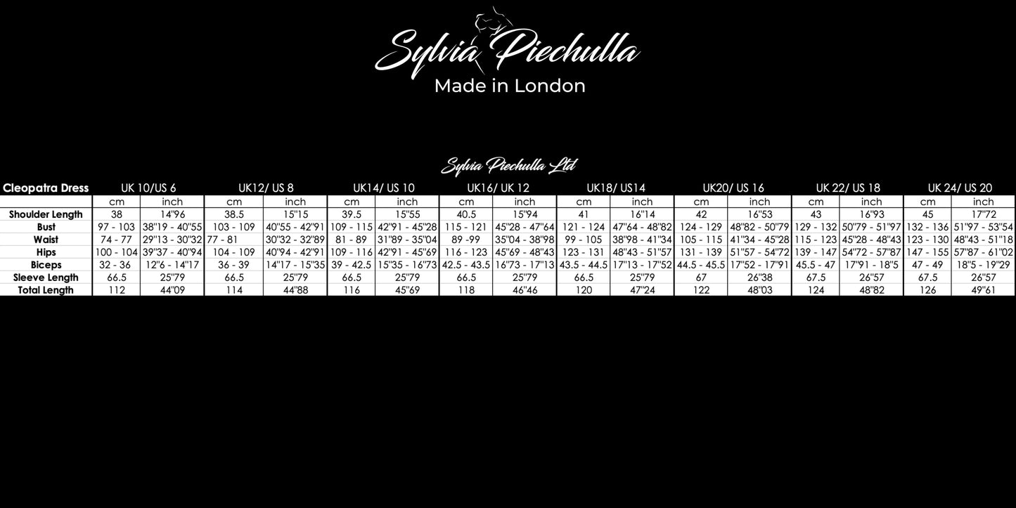 Sylvia Piechulla size chart for Cleopatra dress featuring UK and US sizing measurements in centimeters and inches