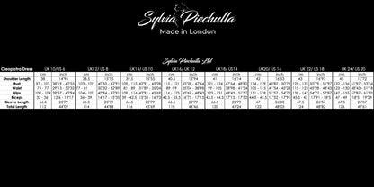 Sylvia Piechulla size chart for Cleopatra dress featuring UK and US sizing measurements in centimeters and inches