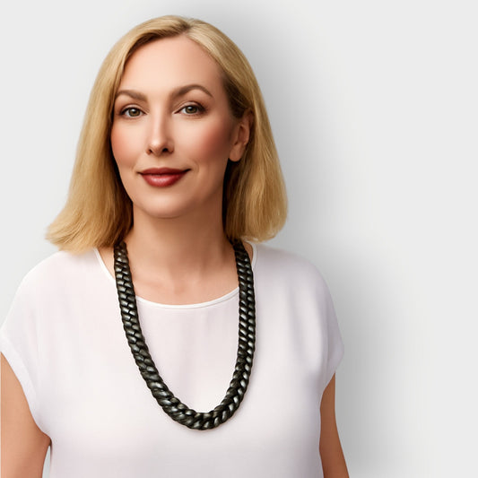 Sylvia Piechulla black aluminium chunky chain necklace, opera length 32 inch, unisex statement piece.