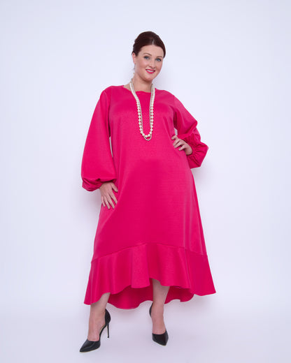 Women's Plus Size Pink Magenta Midi Dobby Jacquard styled with pearl jewelry and black heels for a chic and sophisticated ensemble.